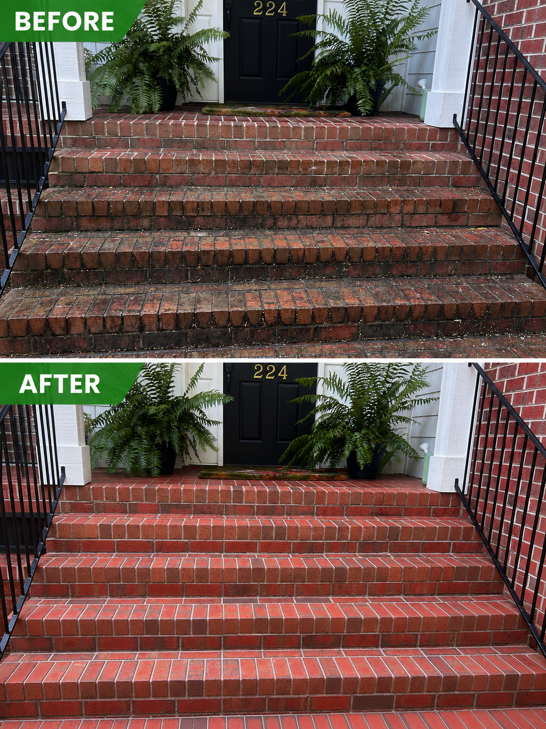 Brick front steps before and after pressure washing — green mold and grime cleared to show clean red brick.