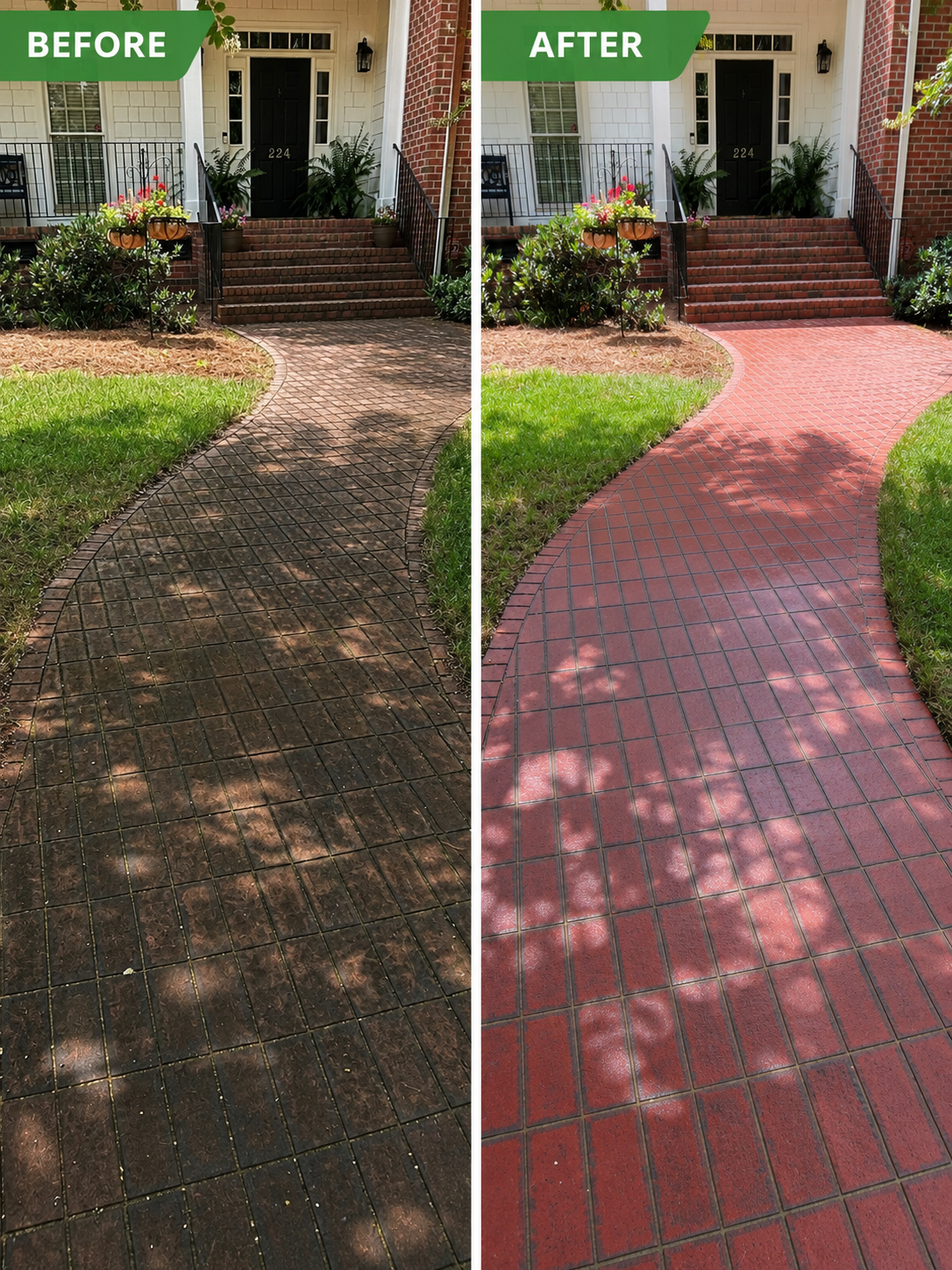 Brick paver walkway before and after pressure washing — a dark, grime-covered path transformed into vivid, clean red brick leading to the front steps.