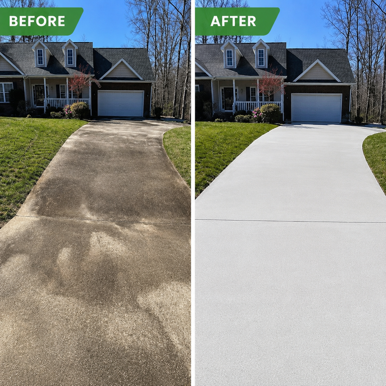 Concrete driveway before and after pressure washing — years of dirt and shadowing lifted to reveal clean, light-grey concrete.