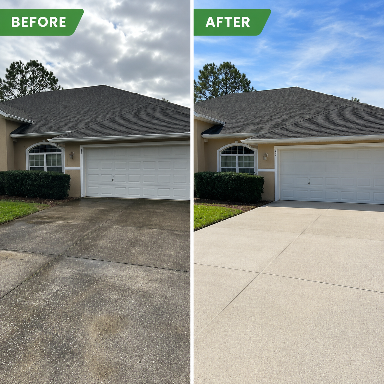 Home driveway before and after pressure washing — a weathered, algae-darkened concrete drive restored to clean, even light-grey concrete out front.